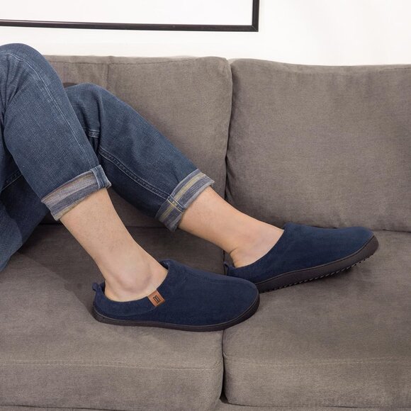Men's Navy Slip-on Slippers Comfy Memory Foam Closed-Toe Indoor House Shoes - Picture 2 of 8